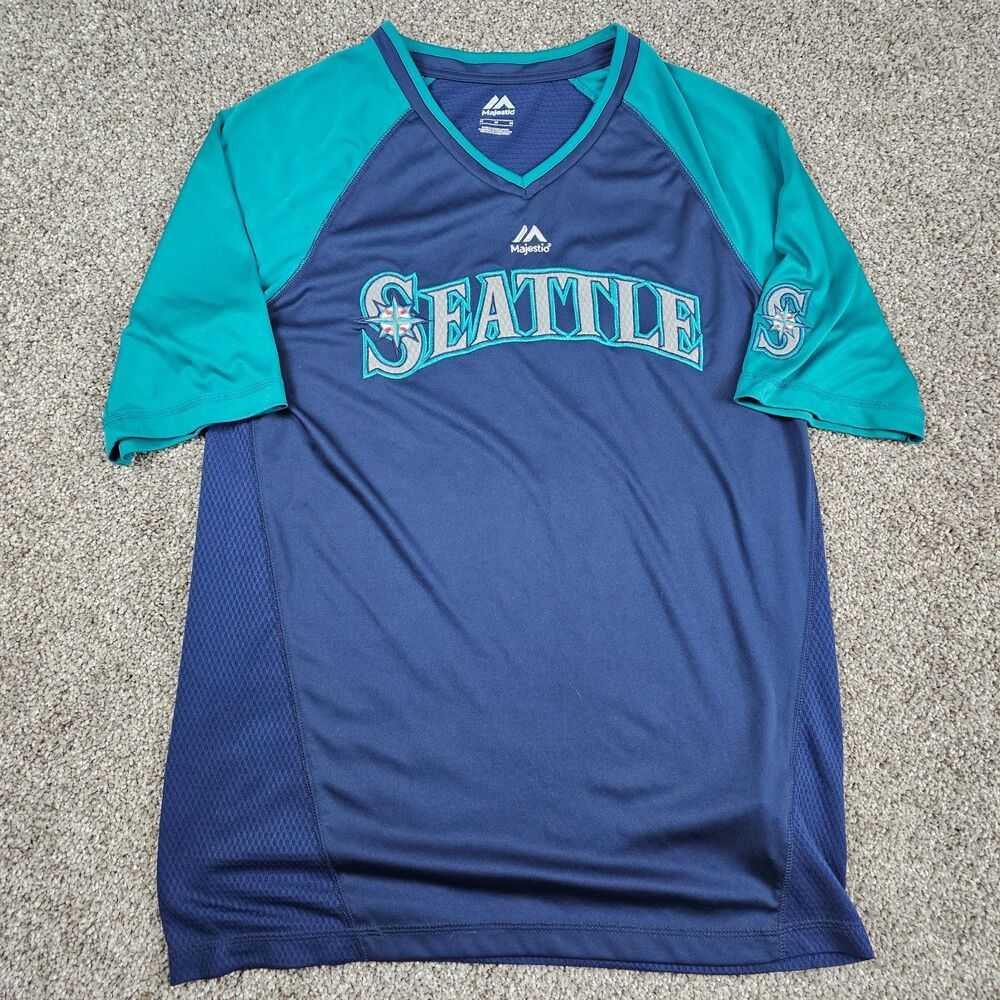 Seattle Mariners Shirt Mens Medium Blue Spell Out Logo V Neck MLB Baseball